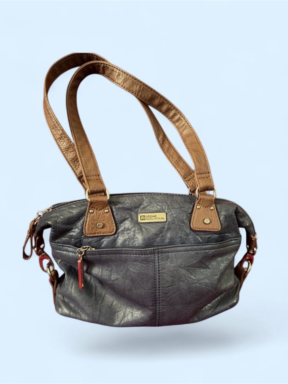 Stone Mountain Leather Navy Blue w/Brown Handles Long Beach Satchel